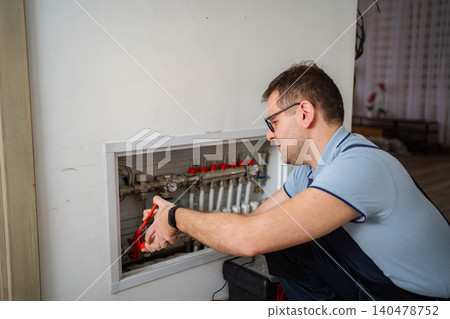 Plumber adjusting heating system pipes in home Plumber adjusting heating system pipes in home 140478752