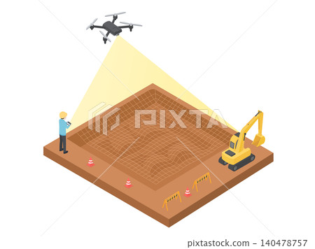 An illustration of a construction site depicting drone-based topographic surveying and 3D data creation. An illustration of a construction site depicting drone-based topographic surveying and 3D data creation. 140478757
