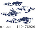 aquatic turtle, sea star and ocean water wave blue and white vector outline 140478920