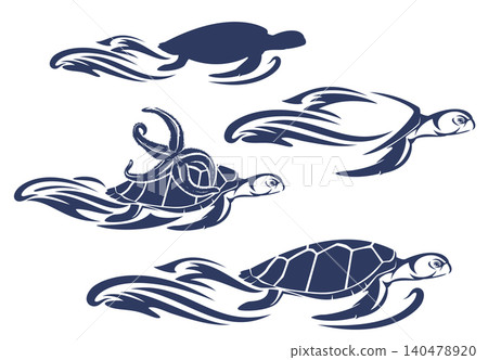 aquatic turtle, sea star and ocean water wave blue and white vector outline 140478920