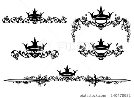 vector set of fairy tale medieval royal crown and rose flowers black silhouette page decor vector set of fairy tale medieval royal crown and rose flowers black silhouette page decor 140478921