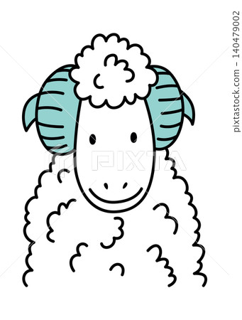 Grinning fluffy sheep drawing portrait, cozy woolly character with curled blue horns, textured fleece detail, soft linework, calm pastoral mood, whimsical childrens storybook vibe Grinning fluffy sheep drawing portrait, cozy woolly character with curled blue horns, textured fleece detail, soft linework, calm pastoral mood, whimsical childrens storybook vibe 140479002