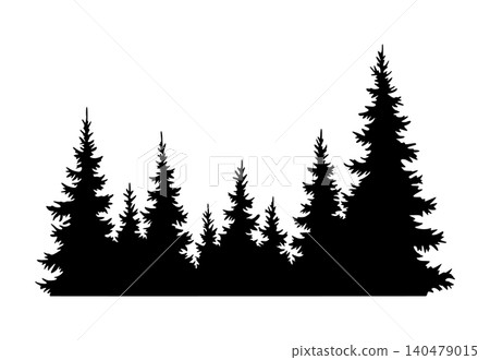 Fir trees silhouette. Coniferous spruce horizontal background pattern, black evergreen woods vector illustration. Beautiful hand drawn panorama of coniferous forest 140479015