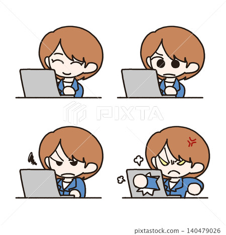 A set of illustrations of a young woman with a negative expression using a computer. A set of illustrations of a young woman with a negative expression using a computer. 140479026