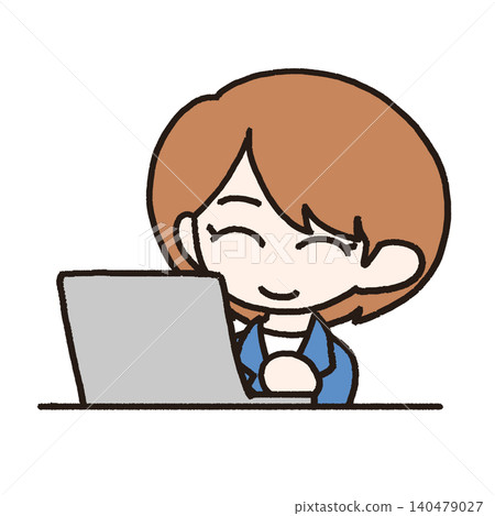 Illustration of a young woman/office worker's upper body smiling in front of a computer. Illustration of a young woman/office worker's upper body smiling in front of a computer. 140479027
