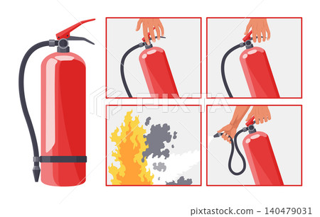 Fire extinguisher instruction. Fire prevention and extinguishing tips. Safety Information, poster or banner for website. Cartoon flat vector illustrations isolated on white background Fire extinguisher instruction. Fire prevention and extinguishing tips. Safety Information, poster or banner for website. Cartoon flat vector illustrations isolated on white background 140479031