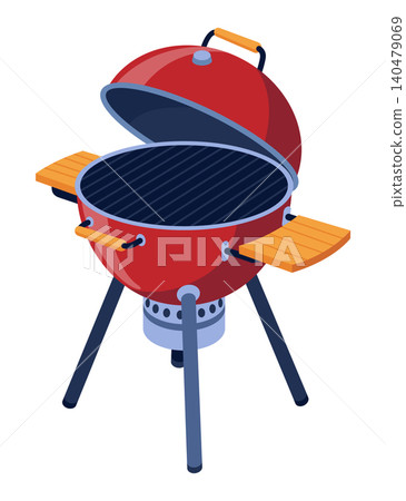 Red barbecue with accessories. Charcoal grill. Red barbecue grill with open lid and modern design features Red barbecue with accessories. Charcoal grill. Red barbecue grill with open lid and modern design features 140479069