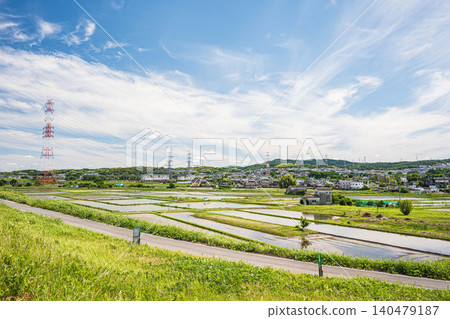 Rural landscape from the Kizu River embankment, Kyotanabe City, Kyoto Prefecture Rural landscape from the Kizu River embankment, Kyotanabe City, Kyoto Prefecture 140479187