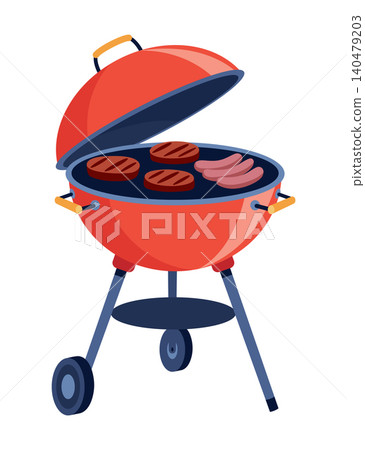 Red barbecue with accessories. Charcoal grill. Red barbecue grill with open lid and modern design features 140479203