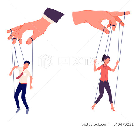 Puppeteer hands controlling puppets, manipulator concept. Worker being controlled by puppet master. Manipulates peopl like puppets. Employer domination exploitation or authority manipulator 140479231