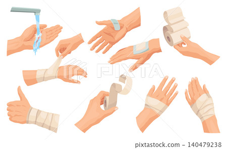 Hands injured skin and procedures of bandaging and wound cleaning. First aid for wound. Medicine cure or treatment. First emergency help for human hand trauma 140479238