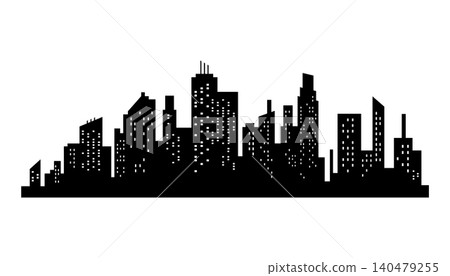 Cityscape silhouette. City building, night town and horizontal urban panorama silhouette. Modern urban landscape. Monochrome panoramic view Cityscape silhouette. City building, night town and horizontal urban panorama silhouette. Modern urban landscape. Monochrome panoramic view 140479255