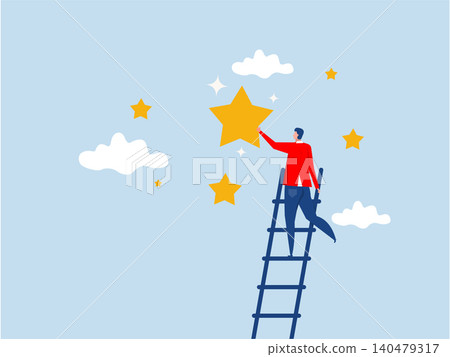 Businessman climbing ladder reaching to the star and success Business opportunity, ladder of success or aspiration to achieve business goal concept vector 140479317