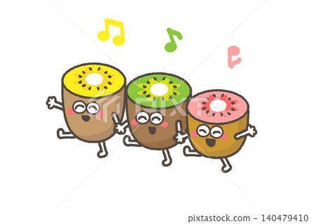 Cute kiwi trio characters dancing with smiles Cute kiwi trio characters dancing with smiles 140479410