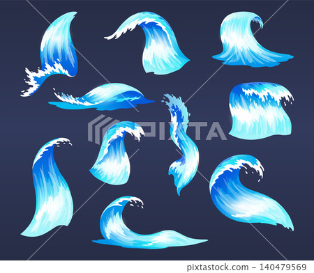 Sea ocean wave set. Blue water ocean waves, marine surf wave, ripples tides sea storm, tsunami, tidal different shapes, splash water motion with spray isolated vector cartoon illustration Sea ocean wave set. Blue water ocean waves, marine surf wave, ripples tides sea storm, tsunami, tidal different shapes, splash water motion with spray isolated vector cartoon illustration 140479569