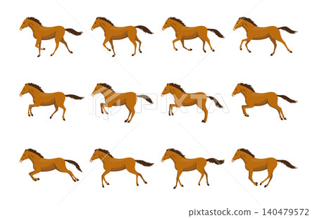 Stylized running horse animation frames in warm tones Stylized running horse animation frames in warm tones 140479572