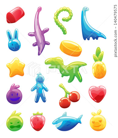 Colorful glossy jelly candy characters and fruit shapes on white background Colorful glossy jelly candy characters and fruit shapes on white background 140479575