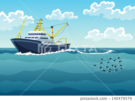 Commercial fishing trawler at sea with net and seabirds Commercial fishing trawler at sea with net and seabirds 140479579