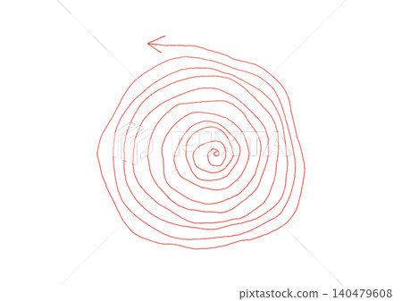 A hand-drawn illustration (in red) combining a leftward-pointing arrow and a swirling circle. 140479608