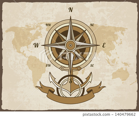 Retro nautical compass. Hand drawn wind rose on map background. Old vector design element for marine theme and heraldry. Vintage rose of wind for sea marine navigation 140479662