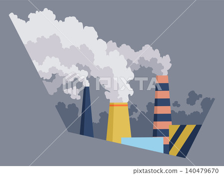 Environmental danger from factories. Factory emissions threaten climate and health. Factory smokestacks produce pollution alarming environmental consequences today Environmental danger from factories. Factory emissions threaten climate and health. Factory smokestacks produce pollution alarming environmental consequences today 140479670