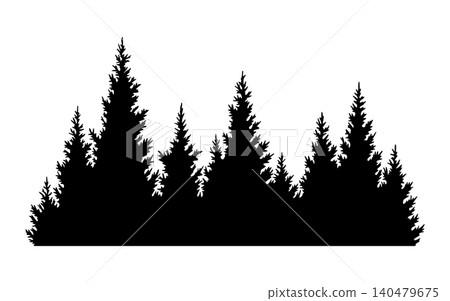 Fir trees silhouette. Coniferous spruce horizontal background pattern, black evergreen woods vector illustration. Beautiful hand drawn panorama of coniferous forest Fir trees silhouette. Coniferous spruce horizontal background pattern, black evergreen woods vector illustration. Beautiful hand drawn panorama of coniferous forest 140479675