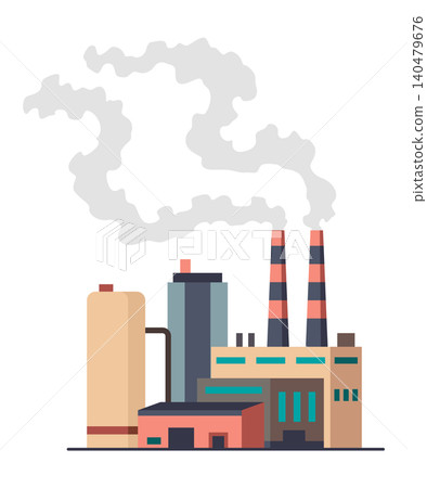 Factory industrial. Manufactory industrial building refinery factory or nuclear power station. Complex of chemical plant buildings isolated on white background Factory industrial. Manufactory industrial building refinery factory or nuclear power station. Complex of chemical plant buildings isolated on white background 140479676