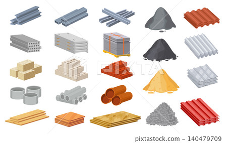 Diverse construction components showcased against white background, Range of construction and building materials displayed on clean white backdrop for catalog use Diverse construction components showcased against white background, Range of construction and building materials displayed on clean white backdrop for catalog use 140479709