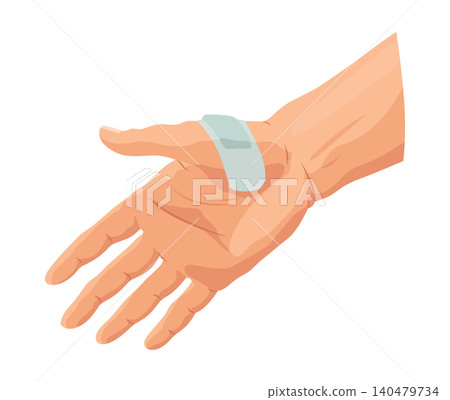 Hands injured skin and procedures of bandaging. First aid for wound. Medicine cure or treatment. First emergency help for human hand trauma 140479734