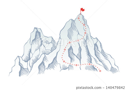 Mountain climbing route to top rock with red flag on peak. Business journey path in progress, way to success or concept of goal. Vector illustration Mountain climbing route to top rock with red flag on peak. Business journey path in progress, way to success or concept of goal. Vector illustration 140479842