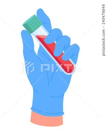 Hand of lab worker wearing medical glove holding blood sample in test tube. Laboratory analysis. Diagnostic examination. Glass flask in doctor arm palm. Bloody Hand of lab worker wearing medical glove holding blood sample in test tube. Laboratory analysis. Diagnostic examination. Glass flask in doctor arm palm. Bloody 140479849