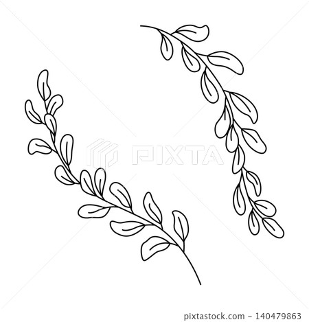 Simple branch of the eucalyptus plant, decorative with rounded leaves. Graphic line art hand drawn ink black and white illustration vector clip art. Separate element isolated Simple branch of the eucalyptus plant, decorative with rounded leaves. Graphic line art hand drawn ink black and white illustration vector clip art. Separate element isolated 140479863