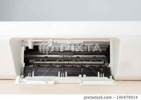 Open Printer Tray And Inner Mechanism Showing Paper Feed Rollers For Office Maintenance And Repair 140479914