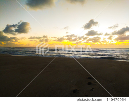 Experience the serene beauty of a golden ocean sunrise. This cinematic coastal landscape features footprints in the sand, rolling waves, and dramatic clouds, perfect for travel concepts. Experience the serene beauty of a golden ocean sunrise. This cinematic coastal landscape features footprints in the sand, rolling waves, and dramatic clouds, perfect for travel concepts. 140479964