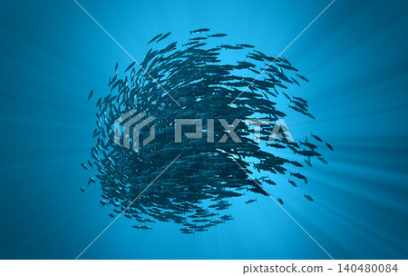 Sardine Bait Ball Sphere God Rays Underwater Ocean, 3D Render background Sardine Bait Ball Sphere God Rays Underwater Ocean, 3D Render background 140480084