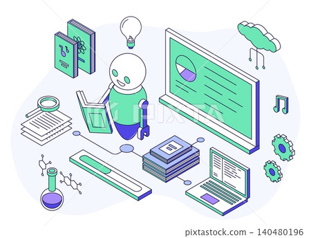 Isometric line machine learning concept. Little robot android reading book, study different information for correct work. Ai technologies, digital assistant, nifty vector scene Isometric line machine learning concept. Little robot android reading book, study different information for correct work. Ai technologies, digital assistant, nifty vector scene 140480196