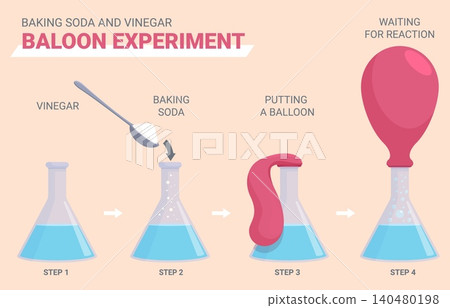 Balloon filling chemical experiment. Using vinegar and baking soda for fill balloon. Children science chemistry project for lesson, sapid vector instruction Balloon filling chemical experiment. Using vinegar and baking soda for fill balloon. Children science chemistry project for lesson, sapid vector instruction 140480198