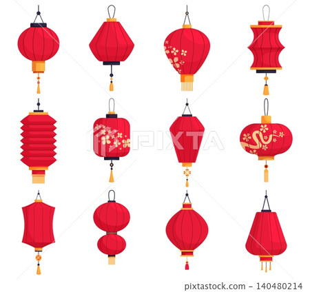 Traditional chinese lantern. Red oriental lanterns, china decorative lights. Asian style paper lamps with flowers. Street and home interior, festival decor, sapid vector set Traditional chinese lantern. Red oriental lanterns, china decorative lights. Asian style paper lamps with flowers. Street and home interior, festival decor, sapid vector set 140480214