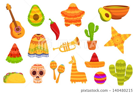 Mexican festival colorful set. Mexico symbols, poncho, sombrero hat, pinatas, chilli pepper, cacti. Isolated cartoon cinco de mayo elements, sapid vector clipart Mexican festival colorful set. Mexico symbols, poncho, sombrero hat, pinatas, chilli pepper, cacti. Isolated cartoon cinco de mayo elements, sapid vector clipart 140480215