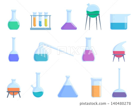 Cartoon chemical equipment. Test tubes with different liquids, glass measuring cups. Chemistry, physic, biology, medicine genetic laboratory, sapid vector clipart 140480278