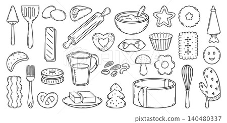Doodle baking elements. Cooking equipment and ingredients for cookies. Measuring glass, baking dish, whisk, rolling pin. Butter, seeds and meal, neoteric vector set Doodle baking elements. Cooking equipment and ingredients for cookies. Measuring glass, baking dish, whisk, rolling pin. Butter, seeds and meal, neoteric vector set 140480337