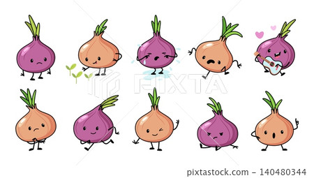 Funny cartoon onion characters. Red and white onions different poses. Fresh farm product cry, angry, joyful. Play music and run, surprised, nowaday vector set 140480344