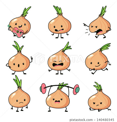 Kawaii onion characters. Fresh onions different poses and expressions. Funny vegetable mascot for pack, decoration, farm food ad. Cartoon nowaday vector set Kawaii onion characters. Fresh onions different poses and expressions. Funny vegetable mascot for pack, decoration, farm food ad. Cartoon nowaday vector set 140480345