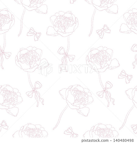 Coquette Aesthetic Seamless Pattern With Pink Peony Flower With Ribbon Bow on White Background. Elegant Hand Drawn Line Art Wallpaper. Minimalist Vector Illustration, Feminine Decoration. Coquette Aesthetic Seamless Pattern With Pink Peony Flower With Ribbon Bow on White Background. Elegant Hand Drawn Line Art Wallpaper. Minimalist Vector Illustration, Feminine Decoration. 140480498