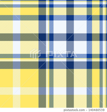 Twill fabric check tartan, paint seamless texture pattern. Victorian background vector plaid textile in yellow and blue colors. 140480539