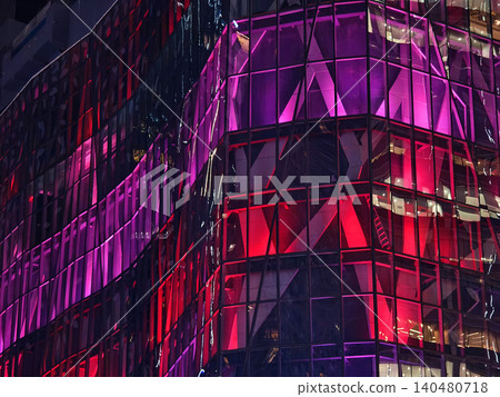 Cityscape illuminated by vivid neon reflections on stylish facades with tropical elements Cityscape illuminated by vivid neon reflections on stylish facades with tropical elements 140480718
