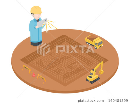 圖示為建築工地,工人們正在使用平板電腦和智慧型手機來勘測地形並創建 3D 資料。 圖示為建築工地,工人們正在使用平板電腦和智慧型手機來勘測地形並創建 3D 資料。 140481299