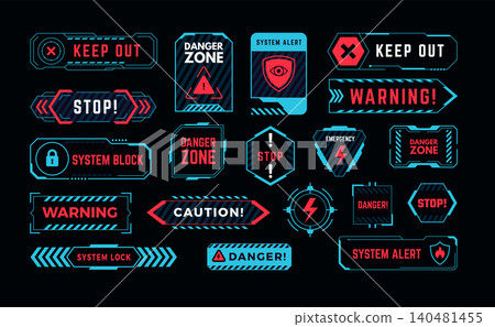 Cyber Warning. Futuristic vector danger labels with hack alerts system lock signs and security interface elements recent set 140481455