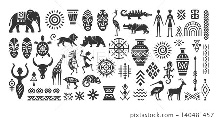 Tribal Elements. Ethnic vector icons with masks animals ornaments and abstract patterns in bold tribal design recent artwork Tribal Elements. Ethnic vector icons with masks animals ornaments and abstract patterns in bold tribal design recent artwork 140481457