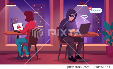Hacker Attack. Vector background with cyber criminals phishing accounts and breaking device security systems exact illustration 140481461